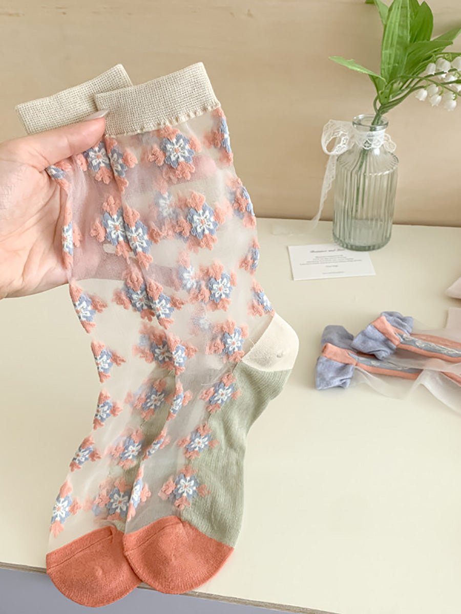 3 Paar lange Jacquard-Socken mit Blumenmuster für Damen FD029