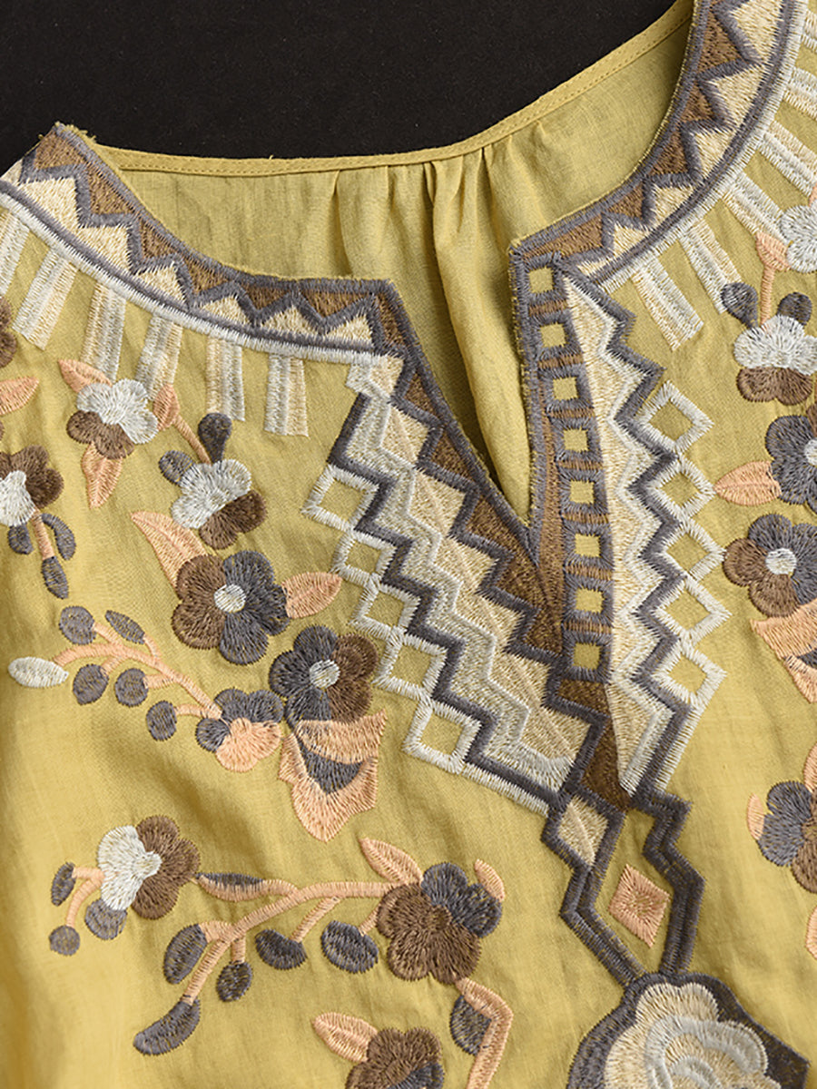 Women Summer Ethnic Flower Embroidery Ramie Shirt TY1006