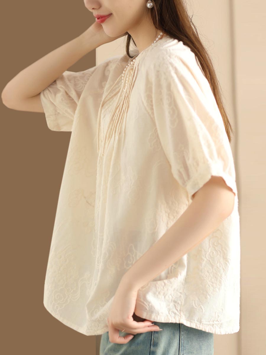 Women Artsy Solid Jacquard Shirred Cotton Loose Shirt XX1018