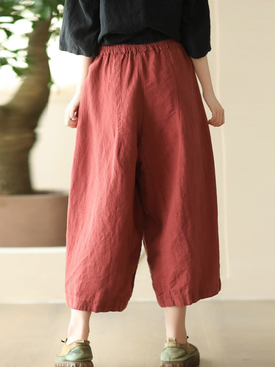 Women Summer Retro Solid Linen Loose Harem Pants FD009