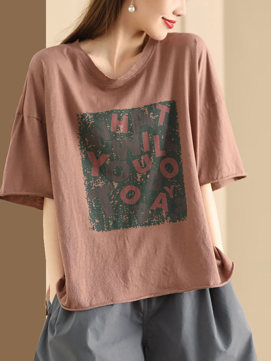 Women Summer Casual Print O-Neck Loose Cotton Shirt BN1020