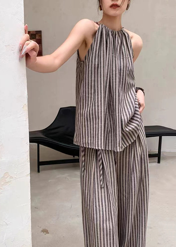 French Fashion Coffee Striped Top Wide Leg Pants Two Piece Set Summer EE055