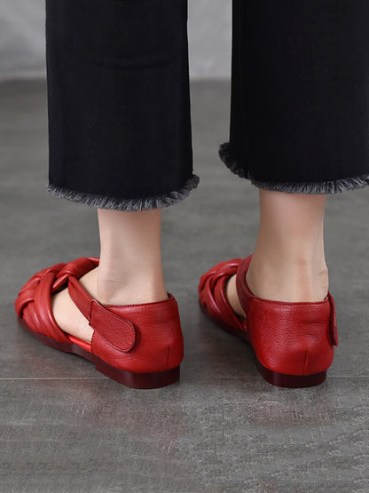 Chaussures plates d'été en cuir véritable tissé pour femmes