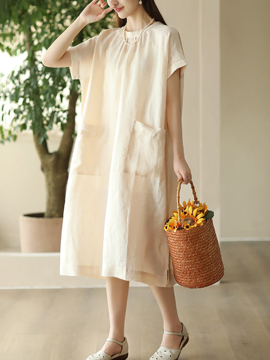 Women Summer Casual Solid Pocket O-Neck Linen Dress FD051