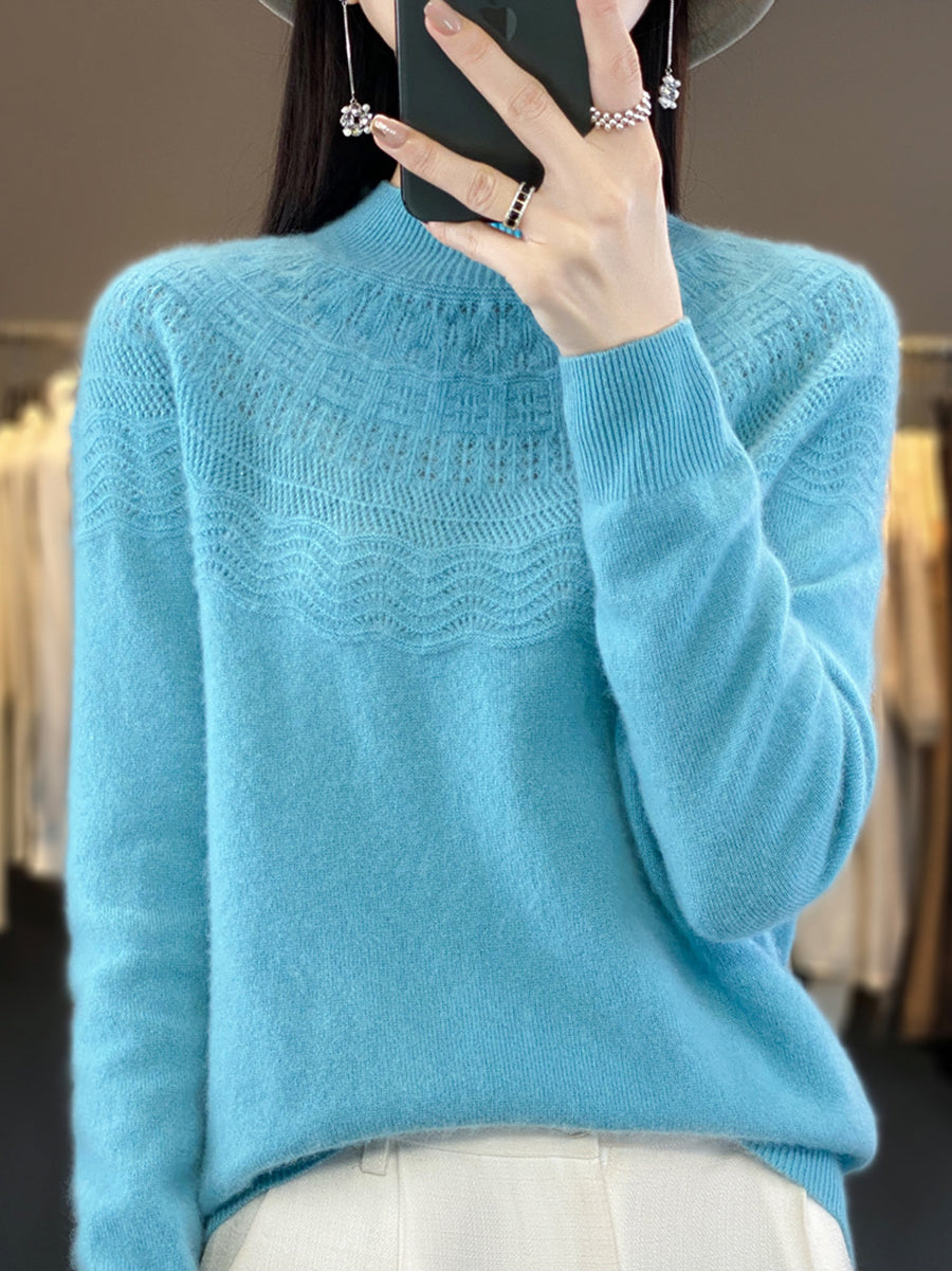 Women Autumn Cable Knit 100%Wool Half Turtleneck Sweater QN031