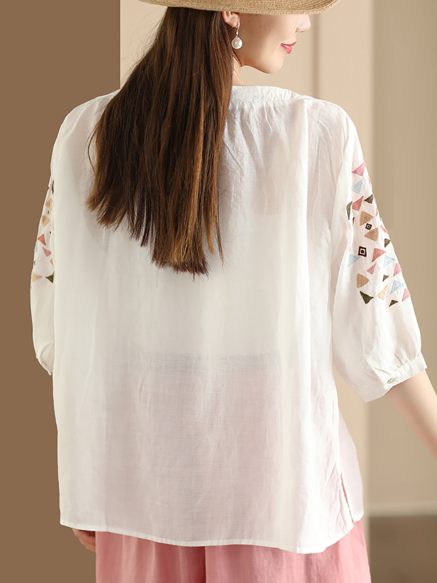 Women Summer Vintage Embroidery O-Neck Ramie Shirt OP1042