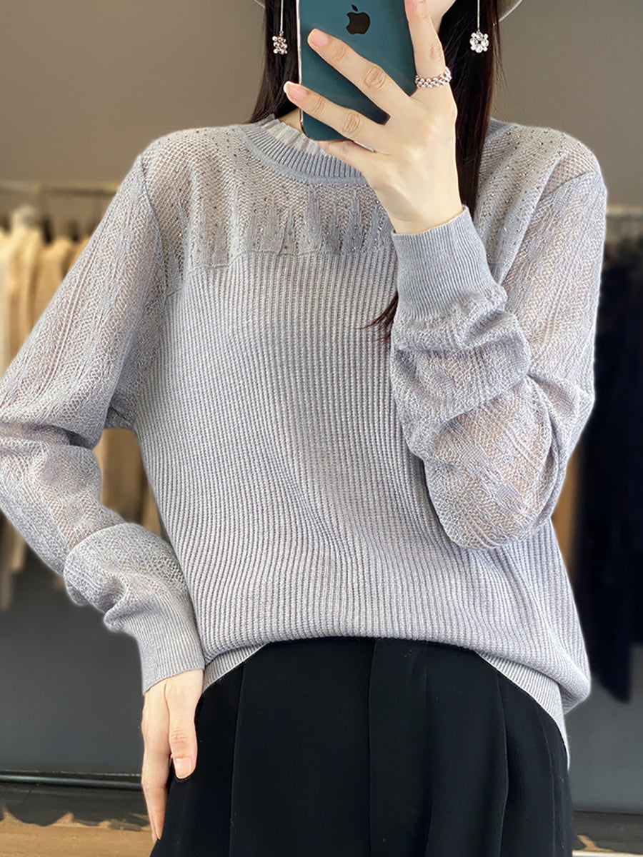 Women Autumn Solid Lace Knit Sweater QM030