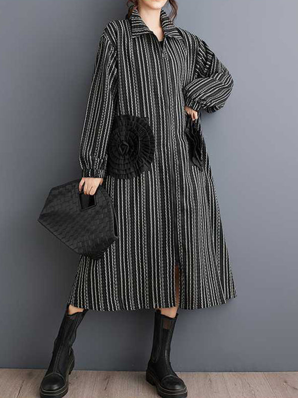 Design Black Lapel Flower Pockets Striped Long Sleeves Zip-up Dress WS010