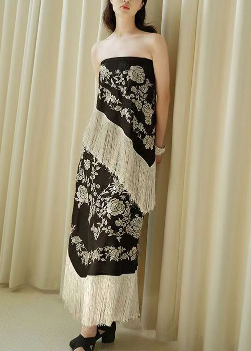 Schwarzes, ärmelloses, hochgeschlossenes, quastenbesetztes Patchwork-Kleid 