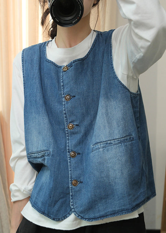 Natural Blue O Neck Button Denim Vest Sleeveless QC004