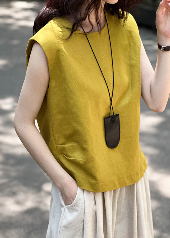 Simple Yellow O Neck Solid Linen Top Sleeveless AF1016