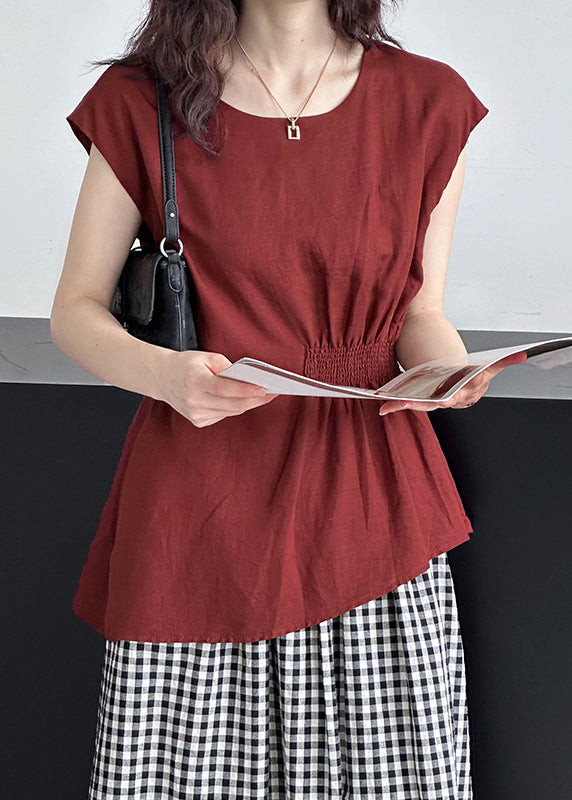 Women Red O Neck Solid Cotton Tops Summer AF1001