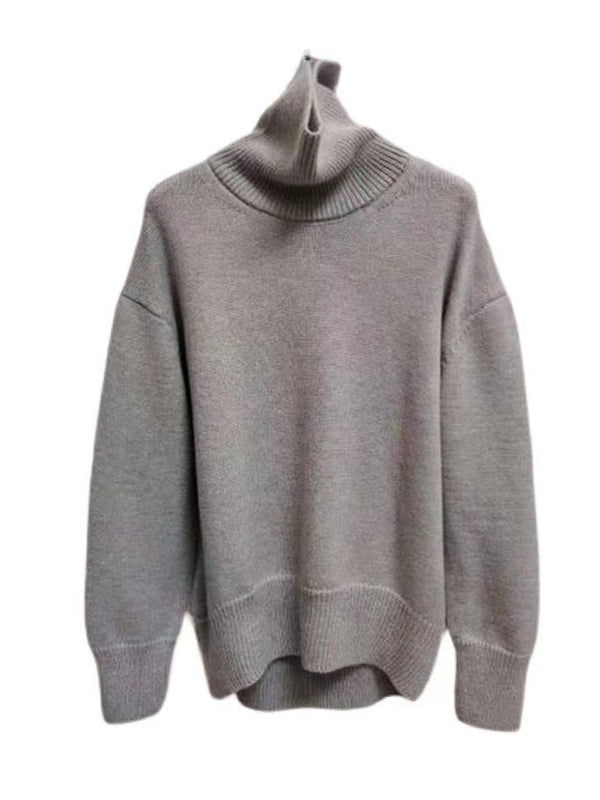 Casual Grey High-Neck Long Sleeve Sweater QX016