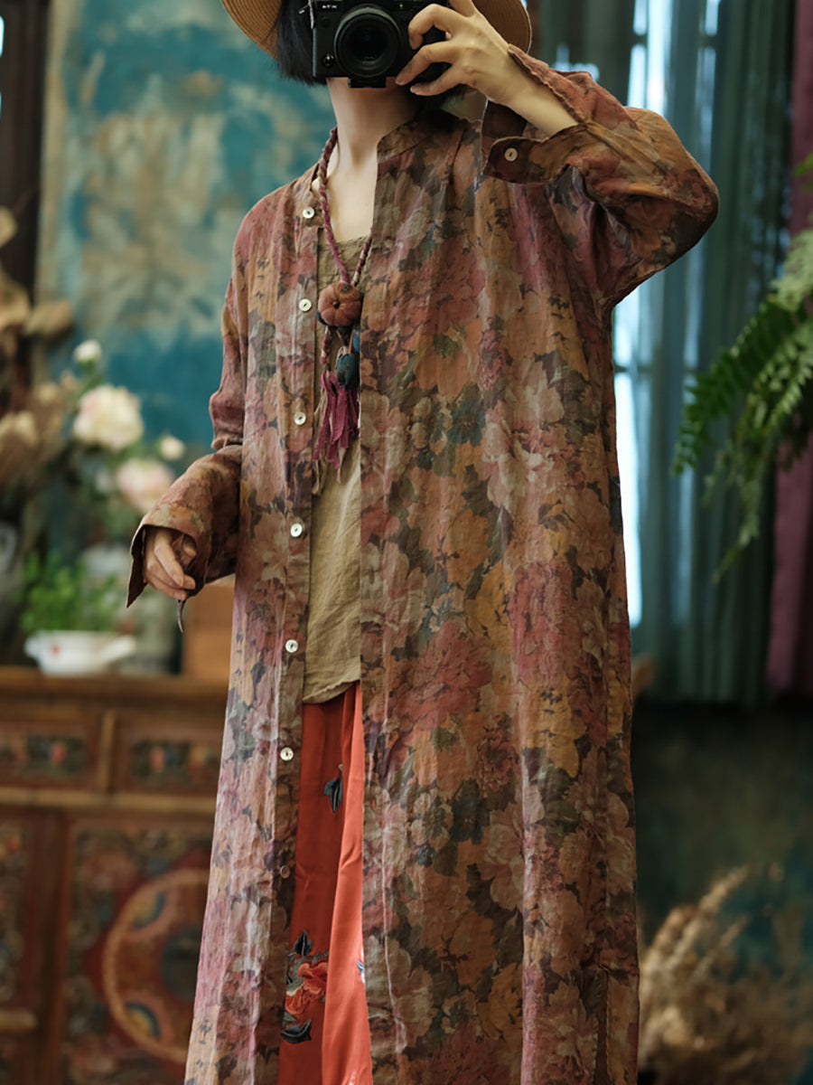 Florales Damen Shirt Retro Lang Vintage Ramie Button-up