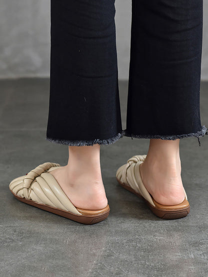 Chaussons plats d'été en cuir tressé solide pour femmes BN1013