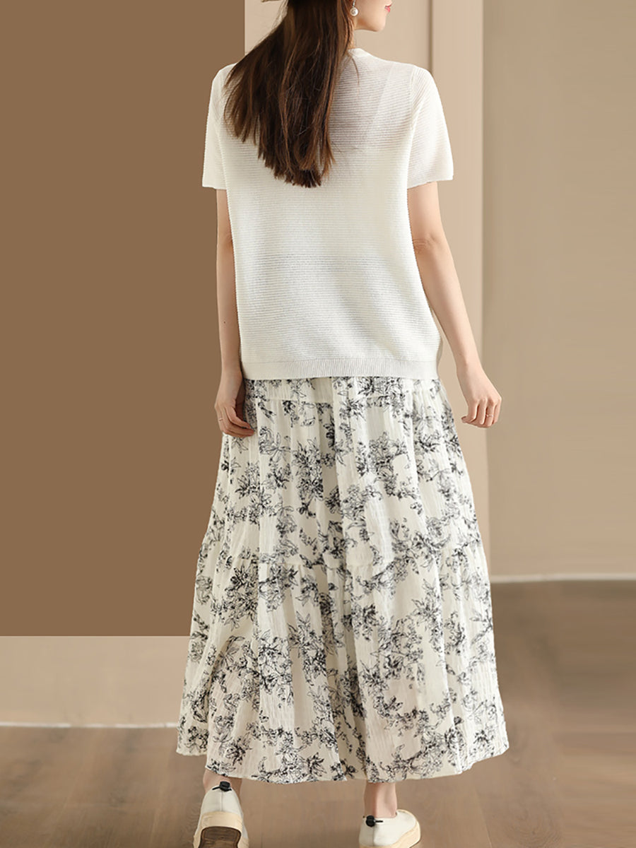 Women Summer Vintage Floral Cotton Loose Skirt CV1037