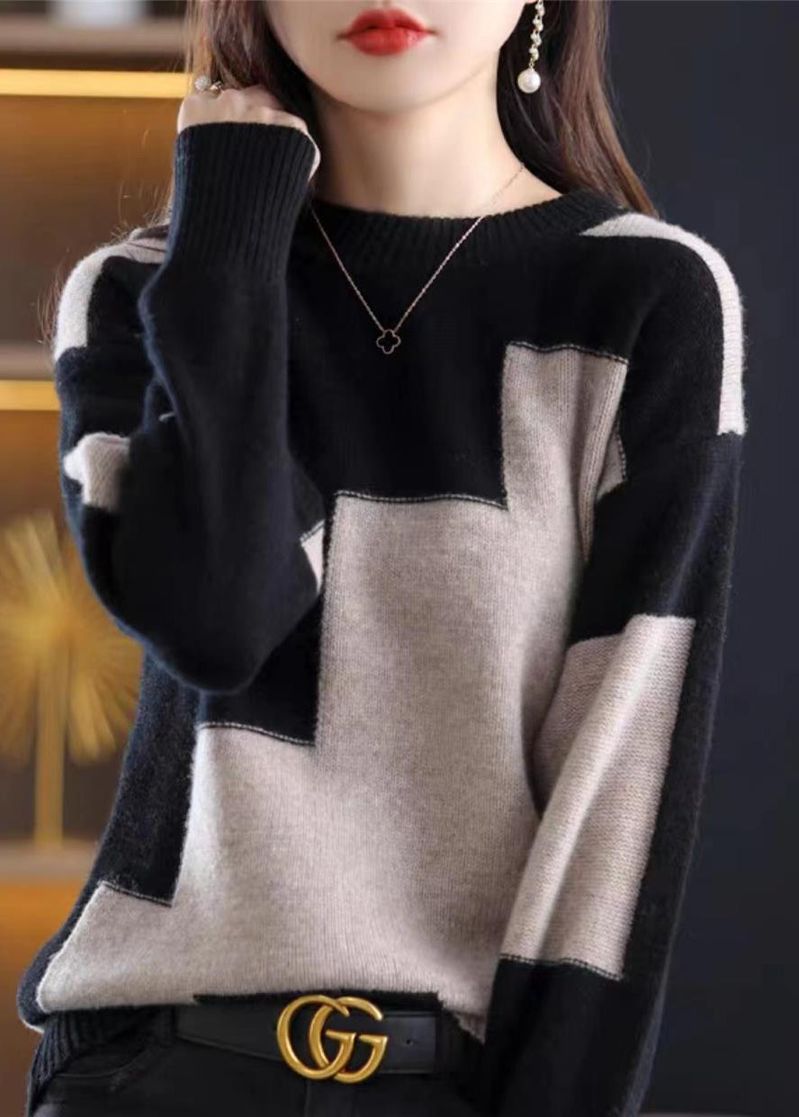 Natural White O-Neck Patchwork Thick Cashmere Knit Sweater Fall QP024