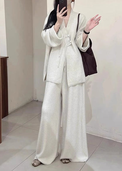 Brief Light Grey V Neck Button Knit Coats And Pants Two Piece Set Fall WV028