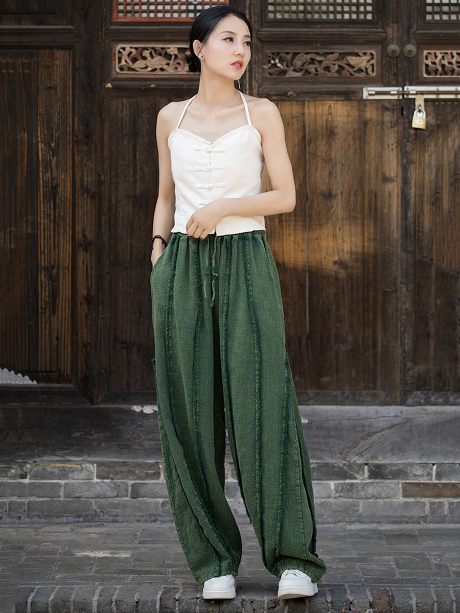 Women Ethnic Solid Raw-edge Wide-leg Ramie Pants FD053