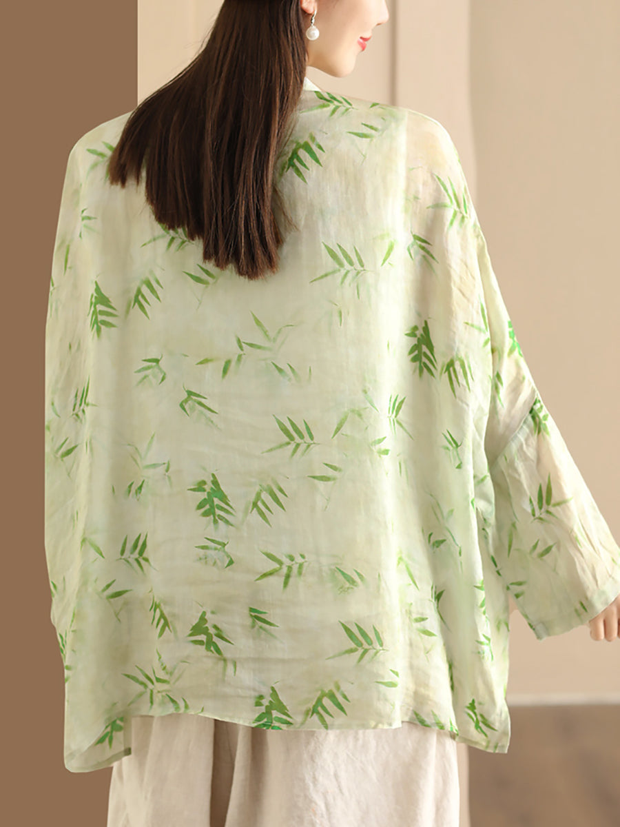 Women Summer Artsy Flower Button-Up Ramie Shirt HH016