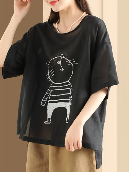 Pull-over d'été en ramie à imprimé chat de dessin animé pour femme OO1034