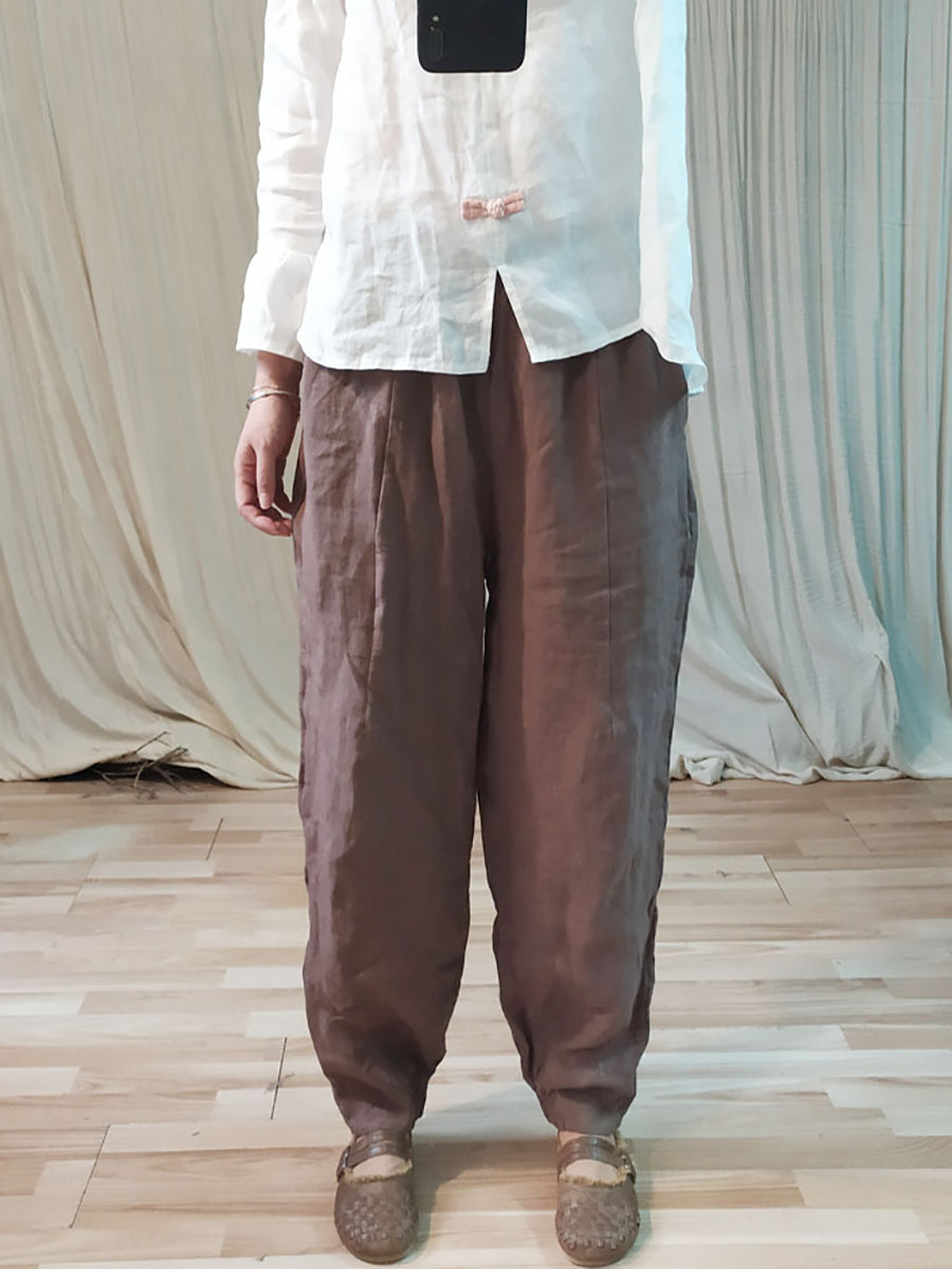 Women Spring Vintage Solid Solid Ramie Loose Pants KL1032