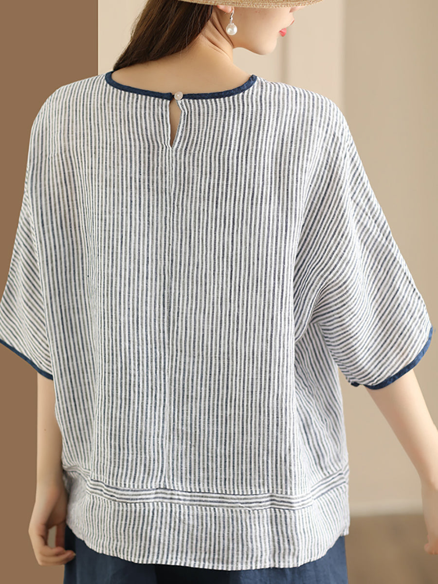 Women Summer Vintage Stripe Spliced Linen Shirt BN1040