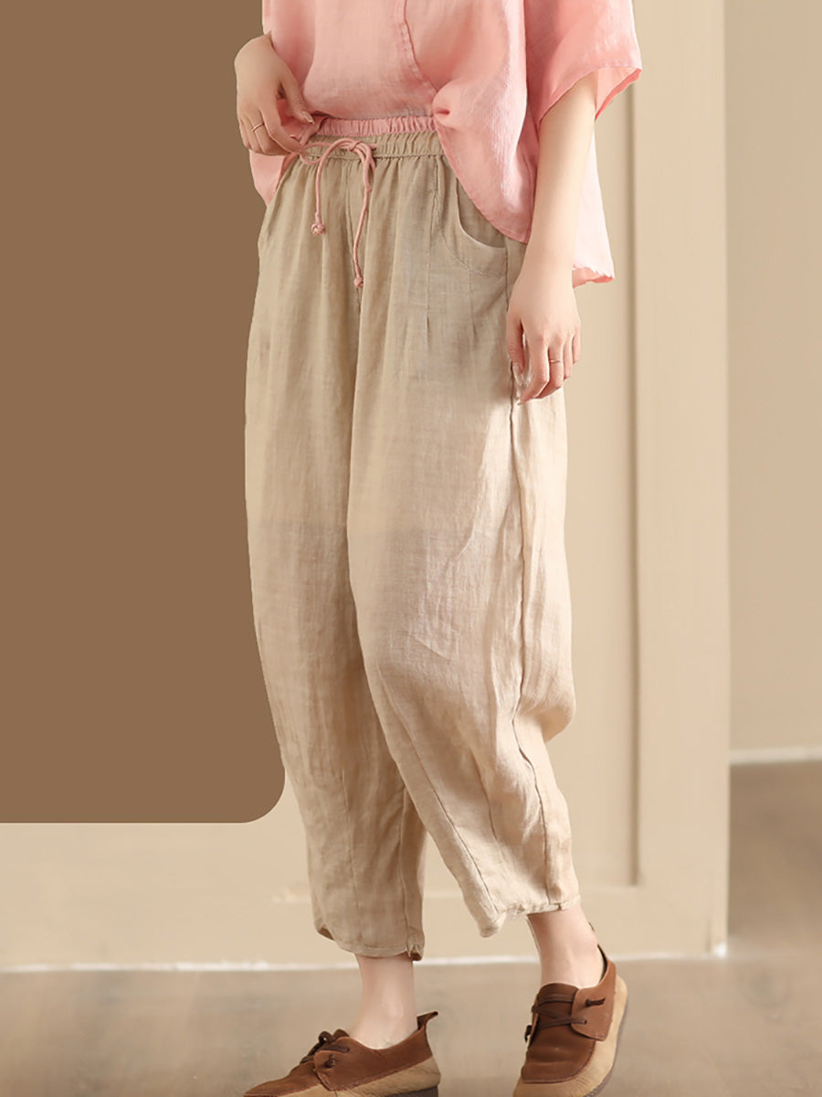 Women Summer Vintage Solid Ramie Harem Pants CX024