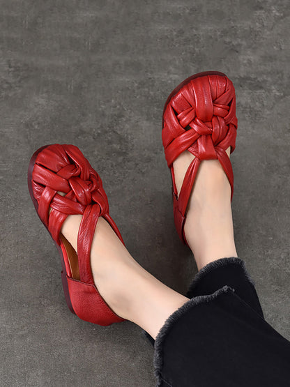 Chaussures plates d'été en cuir véritable tissé pour femmes