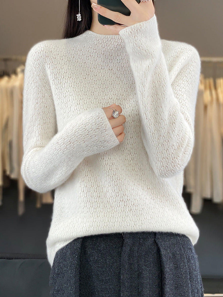 Women Autumn Casual Solid Knit 100%Wool O-Neck Sweater WU010