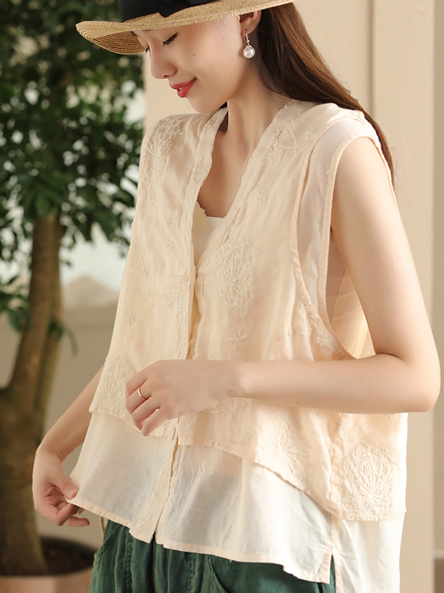 Women Summer Ethnic Embroidery Button-up Spliced Ramie Vest FD001