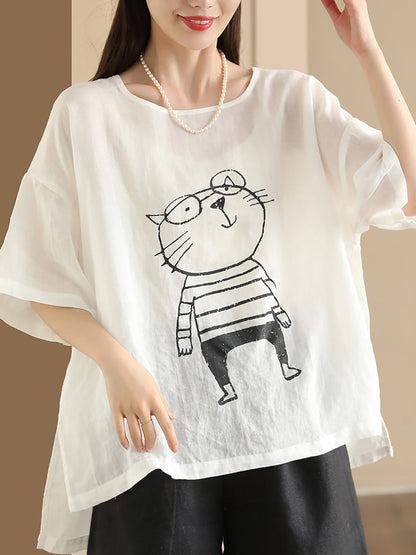 Pull-over d'été en ramie à imprimé chat de dessin animé pour femme OO1034