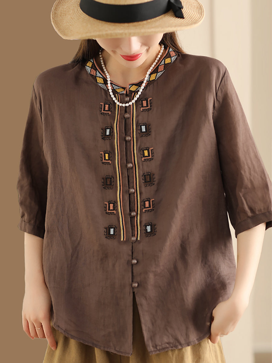 Women Summer Ethnic Embroidery Ramie Shirt ZZ1053