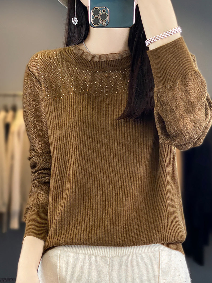 Women Autumn Solid Lace Knit Sweater QM030