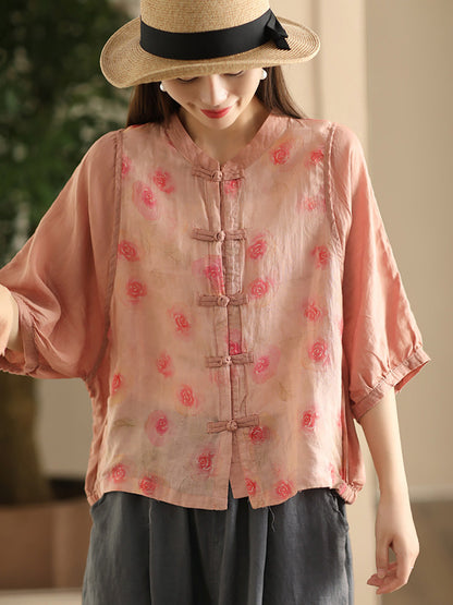 Chemise d'été boutonnée en ramie à fleurs vintage pour femme FD042