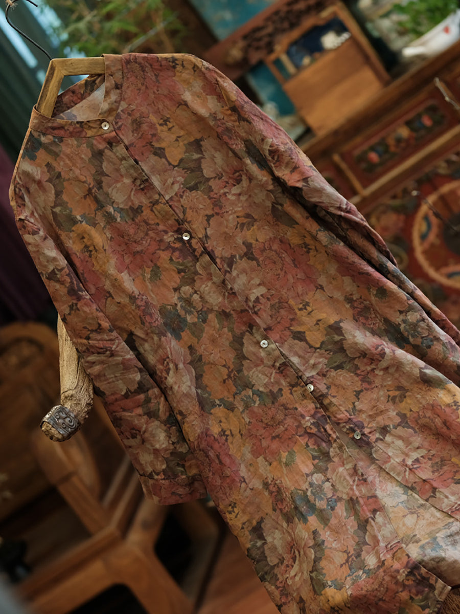 Florales Damen Shirt Retro Lang Vintage Ramie Button-up