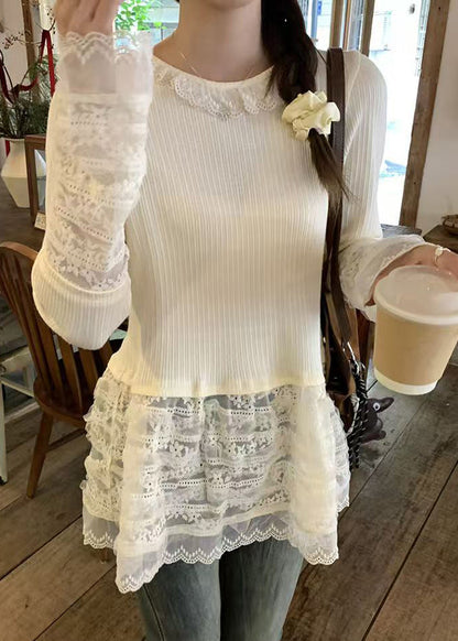 Chemise slim boutonnée patchwork coupe T, dentelle printanière beige 