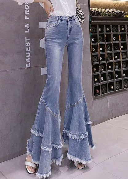 Denim Frühling Stilvolle Quaste Ausgestellte Patchwork Hose Blau 