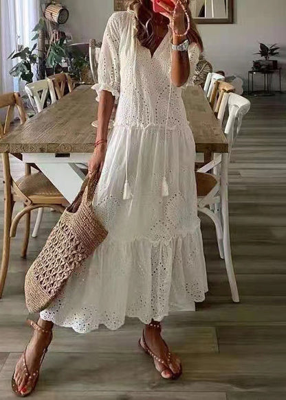 Baumwolle Rüschen Elegante Sommer Party Out Kleid Hohl Weiß 
