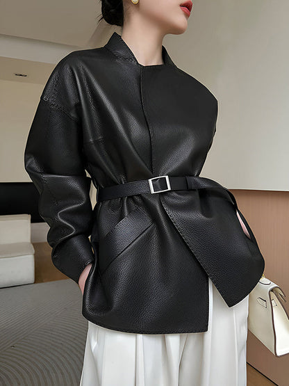 Modern Black Stand Collar Belted Pockets Long Sleeve Pu Leather Jacket TW013