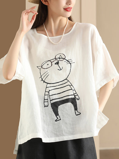 Pull-over d'été en ramie à imprimé chat de dessin animé pour femme OO1034