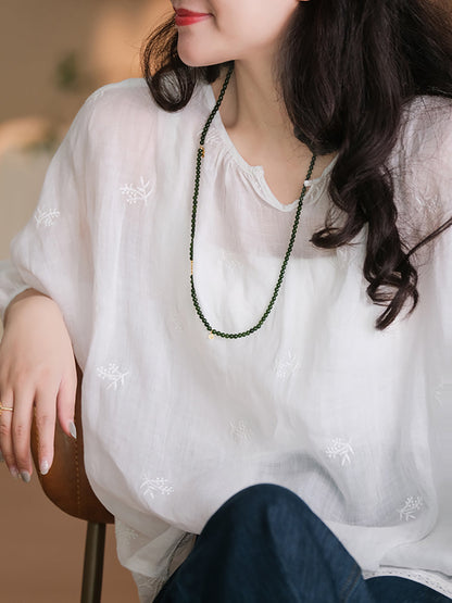 Plus Size Women Summer Embroidery Thin Ramie Shirt XX1030