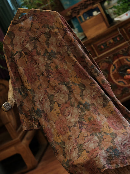 Florales Damen Shirt Retro Lang Vintage Ramie Button-up