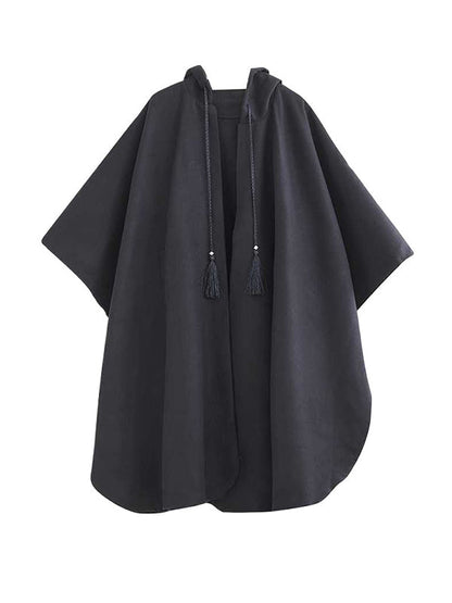 Stilvoller schwarzer Trenchcoat mit Kapuze, Kordelzug, Quastentaschen, Reißverschluss und Fledermausärmeln TW007 