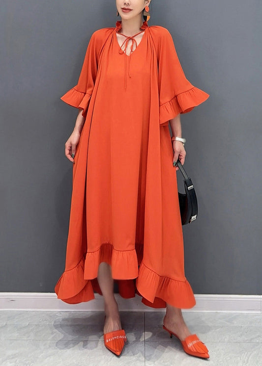 Art Orange V Neck Vacation Long Dresses Flare Sleeve AO1046