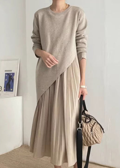 Robe asymétrique froissée en deux mailles kaki, magnifique ensemble 