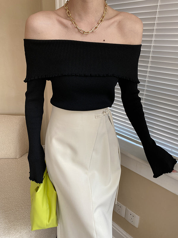 French Black Off-shoulder Long Sleeve Knit Top AN1069