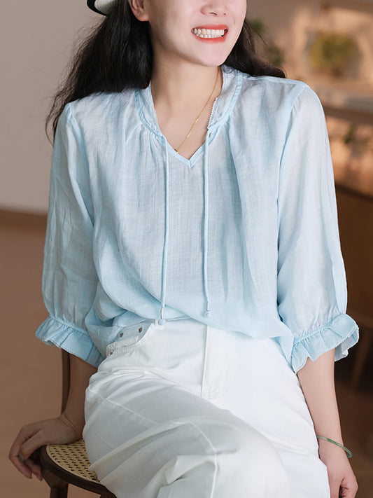 Women Summer Solid Ruffle-Sleeve Ramie Thin Shirt WE1026