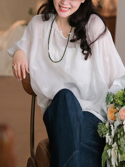 Plus Size Women Summer Embroidery Thin Ramie Shirt XX1030