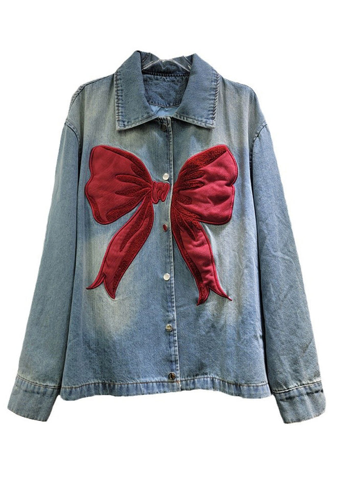Manteau de printemps en denim Peter Pan, nouveau col boutonné, nœud bleu 